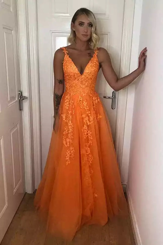 Vibrant Orange Lace & Tulle A-Line Dress with Plunge V-Neck & Open Back