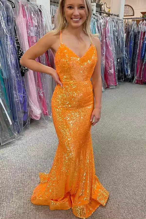 Vibrant Orange Sequin Mermaid Dress with Plunge V-Neck & Criss-Cross Back