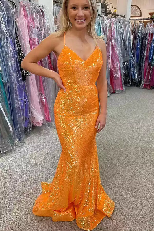 Vibrant Orange Sequin Mermaid Dress with Plunge V-Neck & Criss-Cross Back