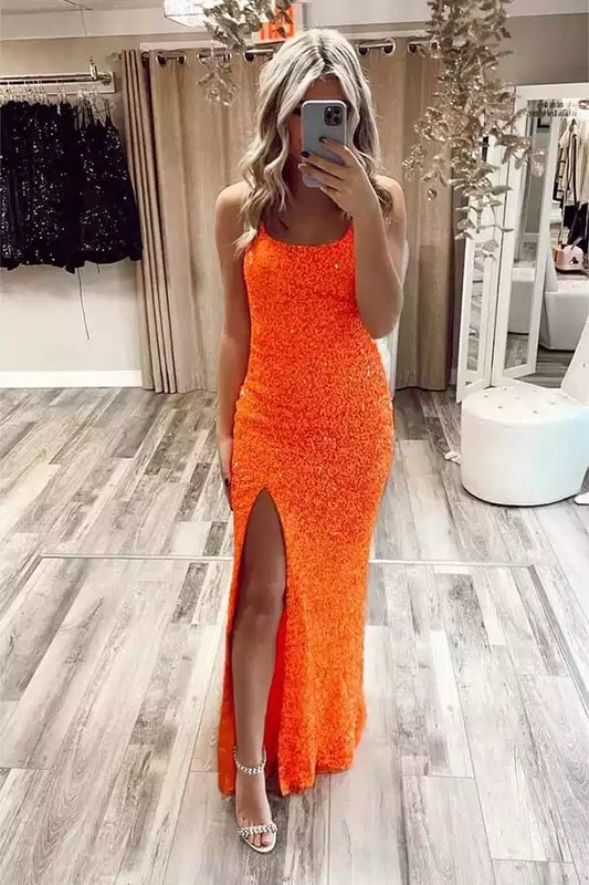 Vibrant Orange Sequin Mermaid Dress with Square Neck & Lace-Up Back