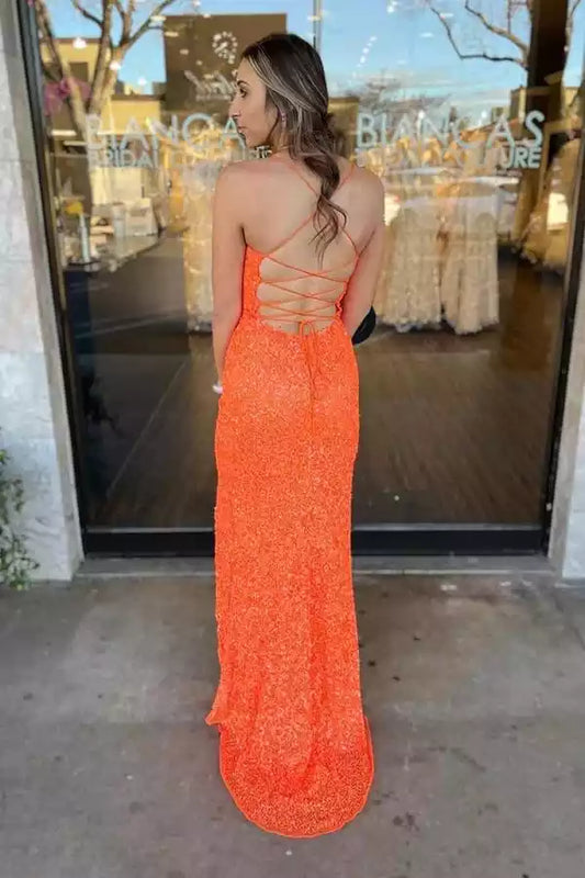 Vibrant Orange Sequin Mermaid Dress with Square Neck & Lace-Up Back