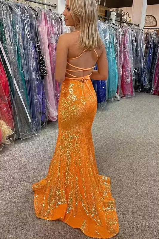 Vibrant Orange Sequin Mermaid Dress with Sweetheart Neck & Lace-Up Back