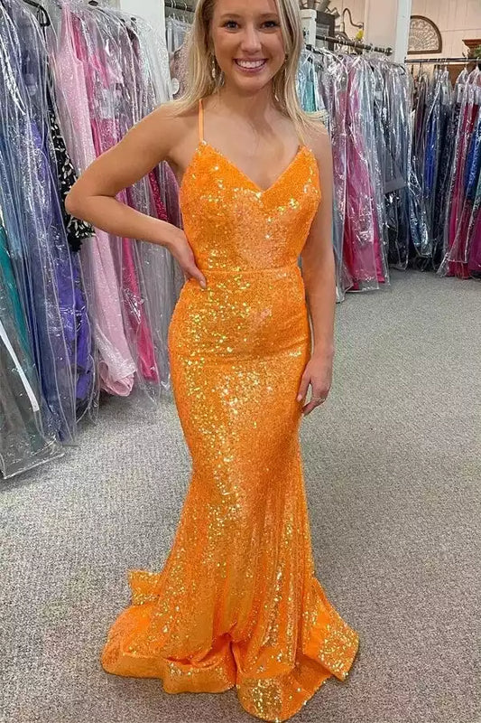 Vibrant Orange Sequin Mermaid Dress with Sweetheart Neck & Lace-Up Back