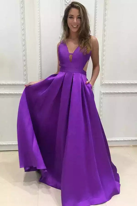 Vibrant Purple Satin A-Line Dress with V-Neck & Open Back