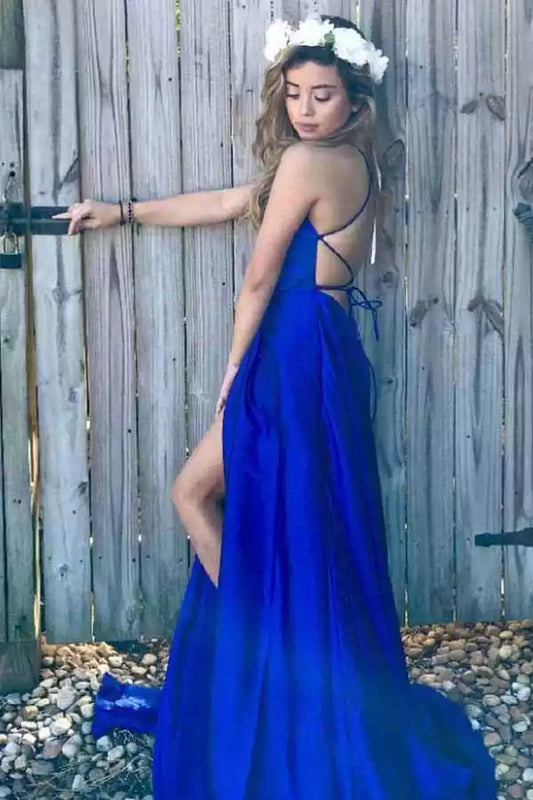 Vibrant Royal Blue Satin A-Line Dress with Square Neck & Criss-Cross Back