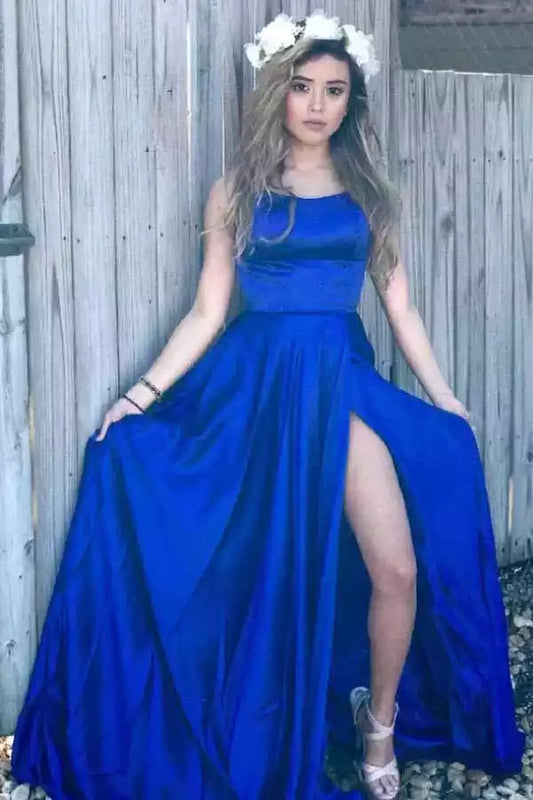 Vibrant Royal Blue Satin A-Line Dress with Square Neck & Criss-Cross Back