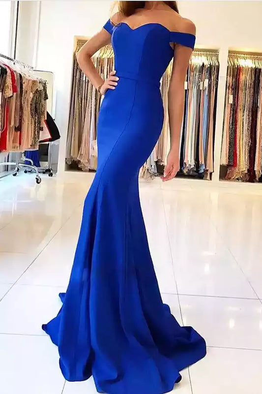 Vibrant Royal Blue Satin Mermaid Dress with Off-the-Shoulder Sweetheart Neck