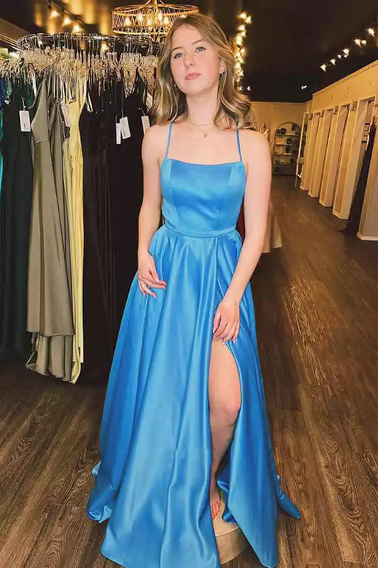 Vibrant Sky Blue Satin A-Line Dress with Square Neck & Lace-Up Back