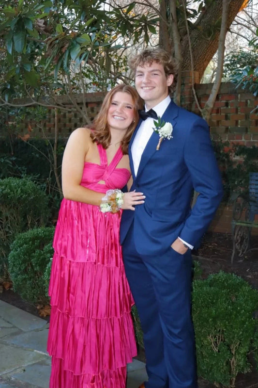 Vibrant Tiered Prom Dresses with Crisscross Halter Neckline, Ruched Bodice and Shimmering Tiered Skirt Formal Gown by JiMiss Dresses