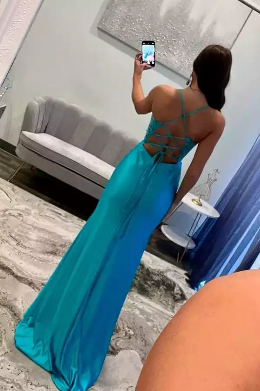 Vibrant Turquoise Satin Mermaid Dress with Lace Bodice & Lace-Up Back