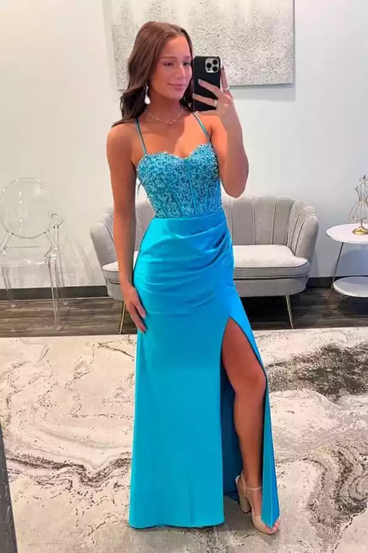 Vibrant Turquoise Satin Mermaid Dress with Lace Bodice & Lace-Up Back