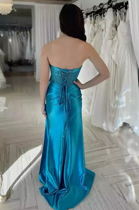 Vibrant Turquoise Satin Mermaid Dress with Strapless Corset Bodice & High Slit