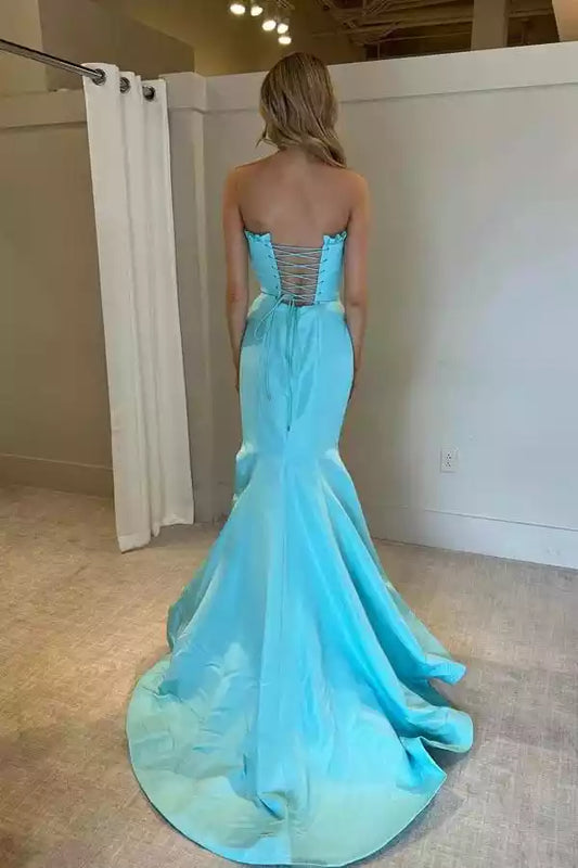 Vibrant Turquoise Satin Mermaid Dress with Strapless Neckline & Lace-Up Back
