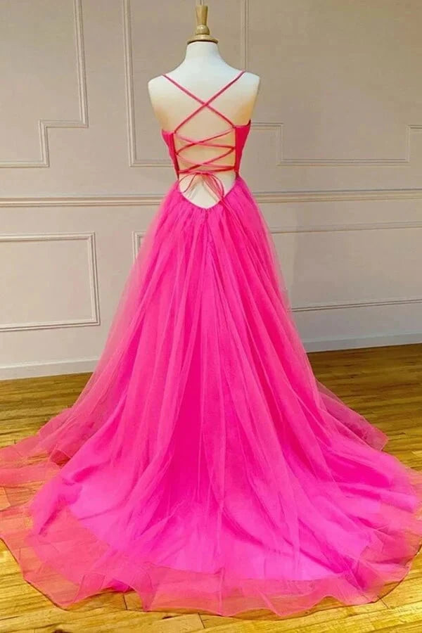 Vibrant tulle A-line V-neck spaghetti strap lace-back slit floor length evening dress by YiHuiw