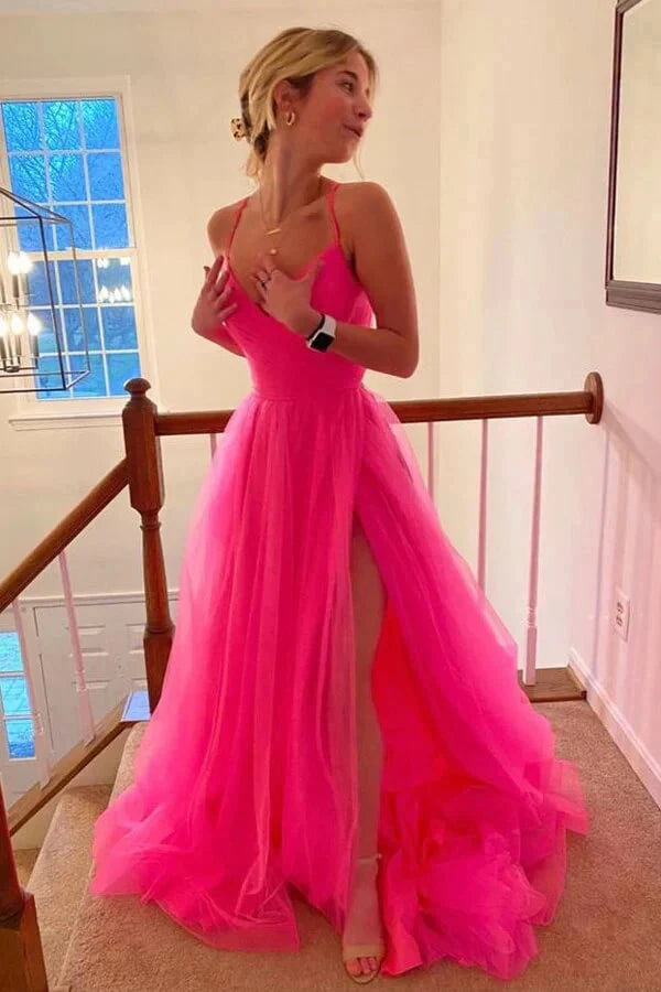 Vibrant tulle A-line V-neck spaghetti strap lace-back slit floor length evening dress by YiHuiw