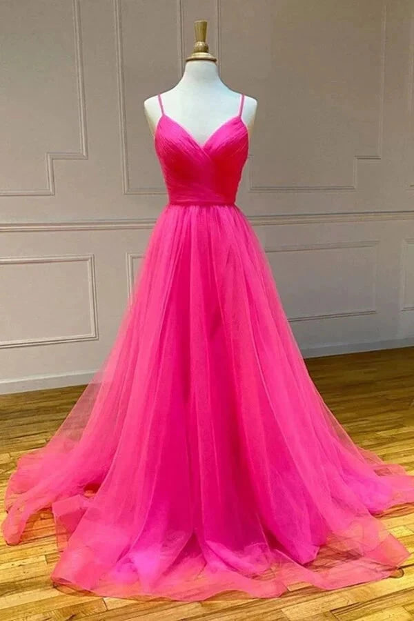 Vibrant tulle A-line V-neck spaghetti strap lace-back slit floor length evening dress by YiHuiw