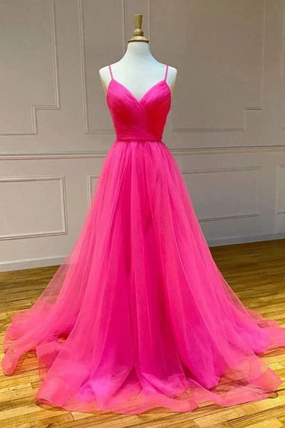 Vibrant tulle A-line V-neck spaghetti strap lace-back slit floor length evening dress by YiHuiw