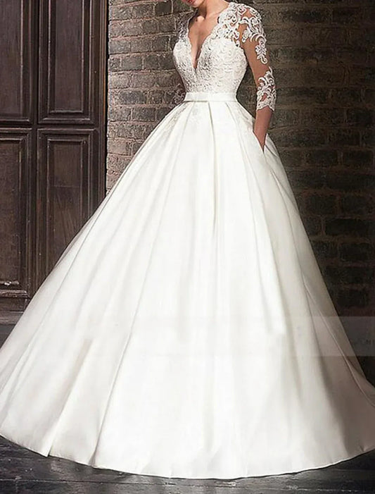 Ball Gown Illusion Satin Three-Quarter Sleeve Train Wedding Gown - Yihuiw by Yihuiw