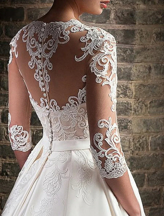 Ball Gown Illusion Satin Three-Quarter Sleeve Train Wedding Gown - Yihuiw by Yihuiw