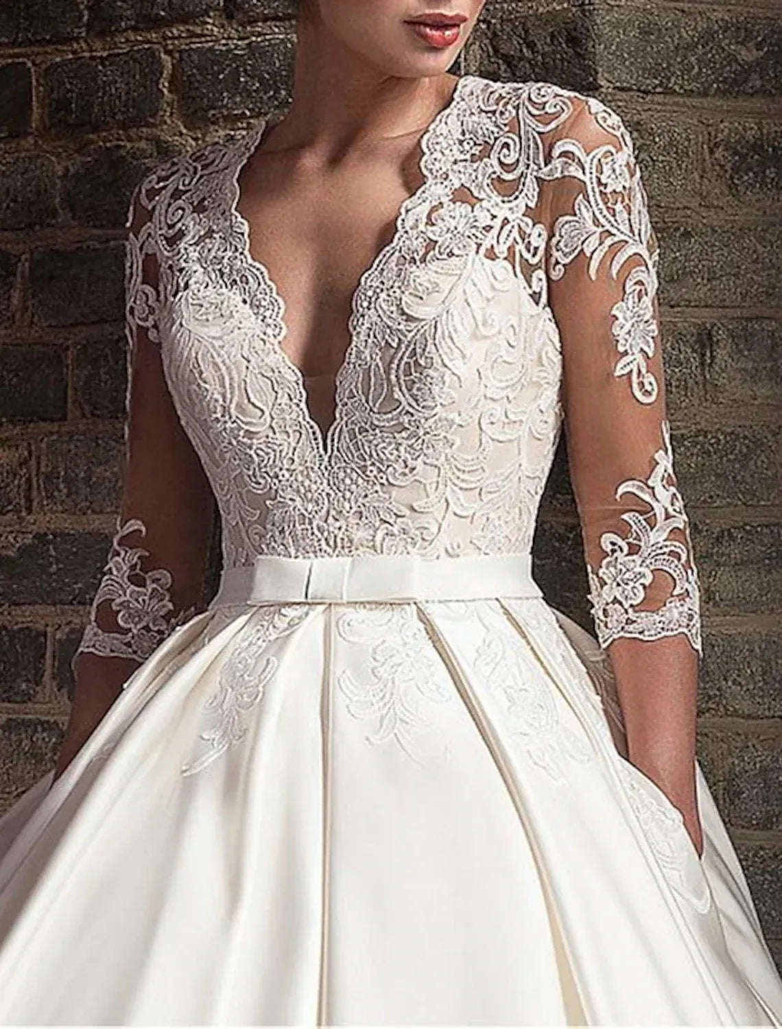 Ball Gown Illusion Satin Three-Quarter Sleeve Train Wedding Gown - Yihuiw by Yihuiw