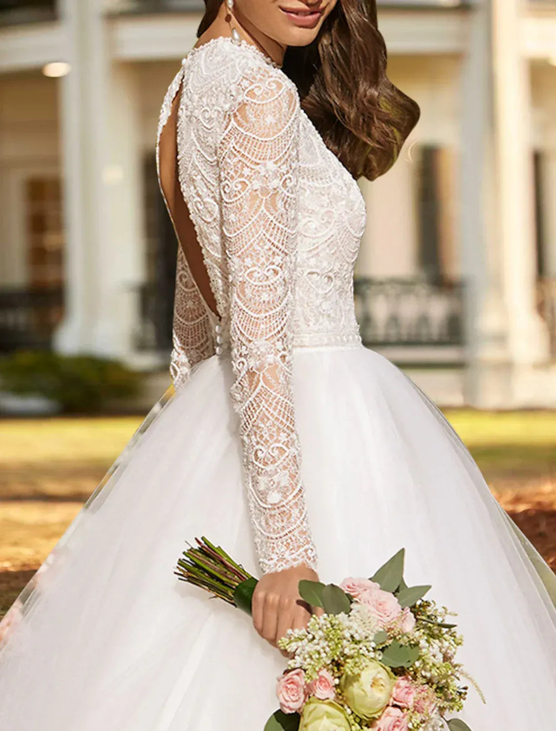 A-Line High Neck Lace Long Sleeve Tea-Length Wedding Dress - Yihuiw by Yihuiw