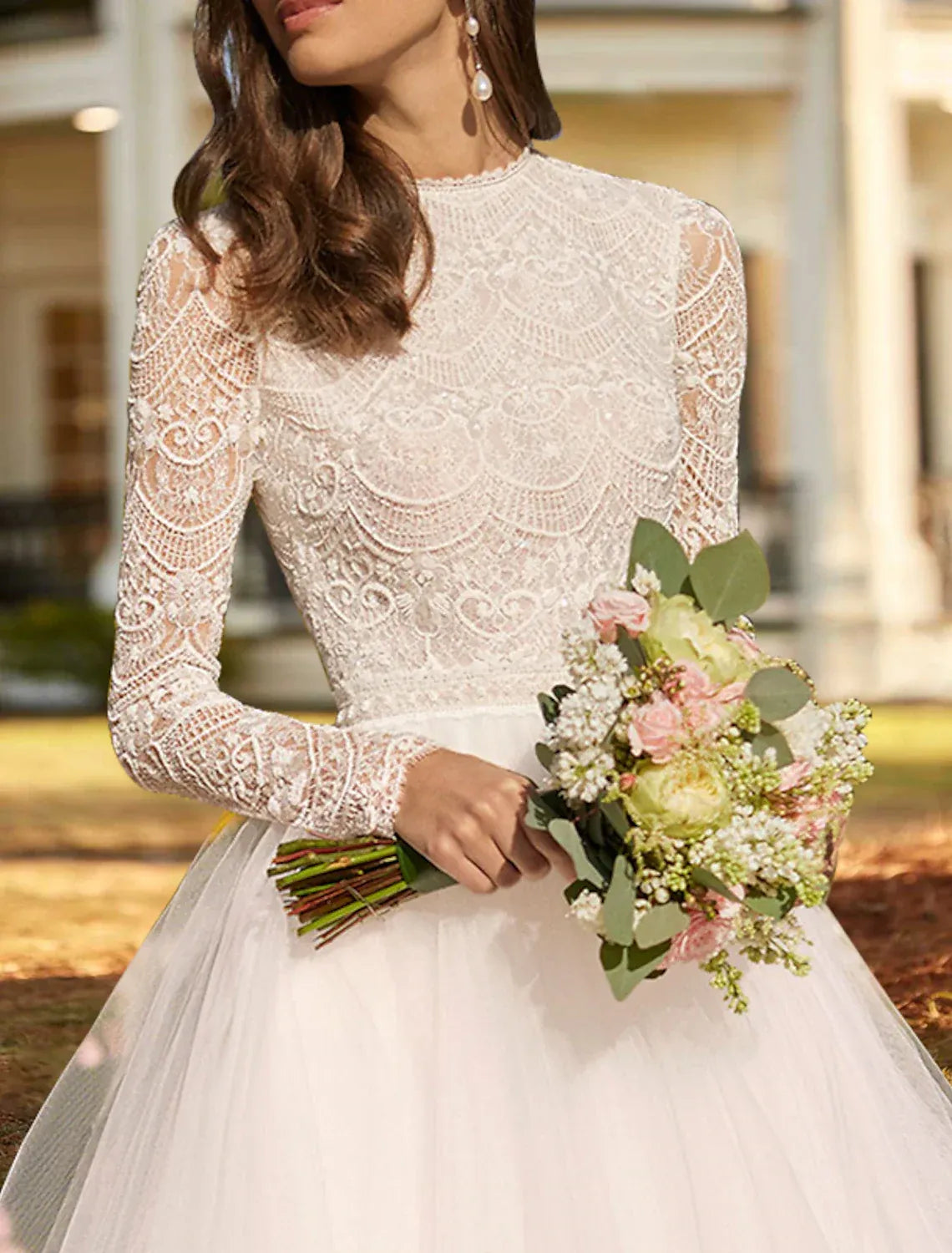 A-Line High Neck Lace Long Sleeve Tea-Length Wedding Dress - Yihuiw by Yihuiw