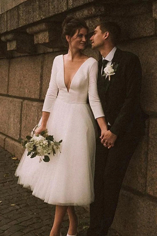 Vintage-Inspired Tulle Tea-Length A-Line Deep-V Long-Sleeve Low-Back Wedding Dress by YiHuiw