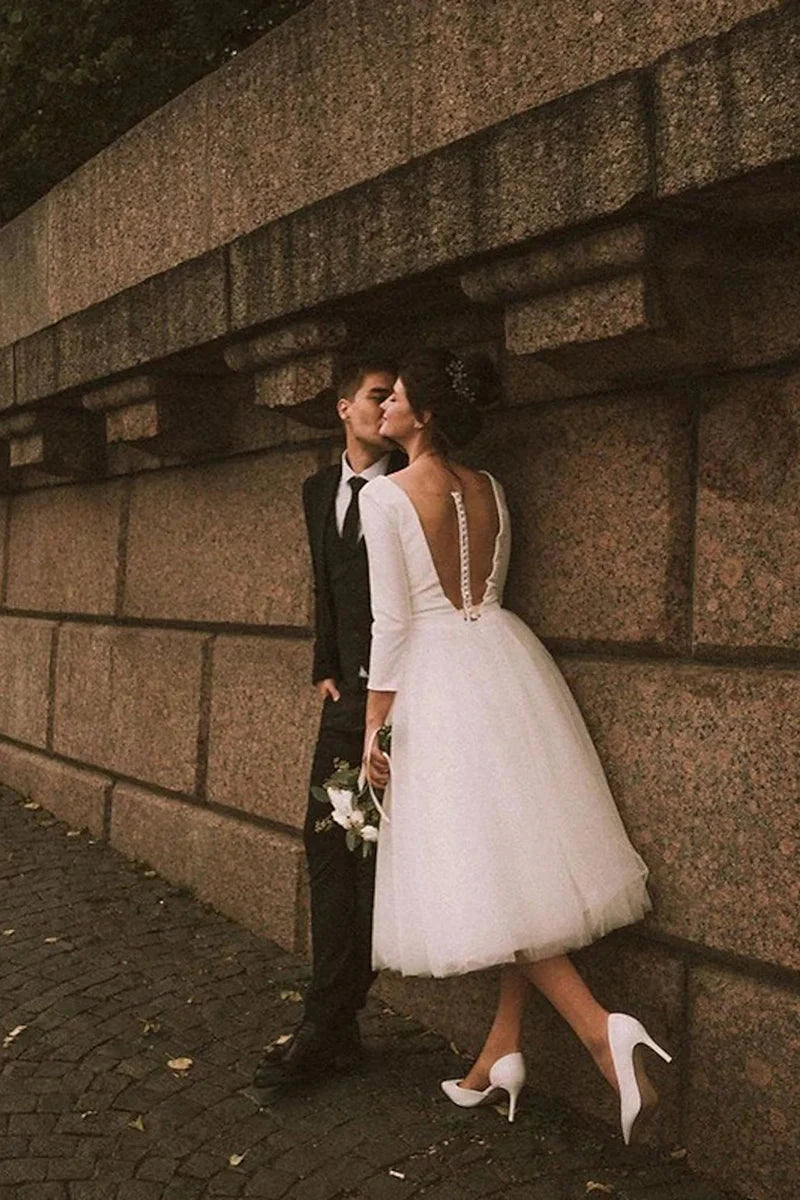 Vintage-Inspired Tulle Tea-Length A-Line Deep-V Long-Sleeve Low-Back Wedding Dress by YiHuiw