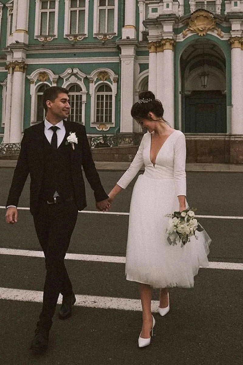 Vintage-Inspired Tulle Tea-Length A-Line Deep-V Long-Sleeve Low-Back Wedding Dress by YiHuiw