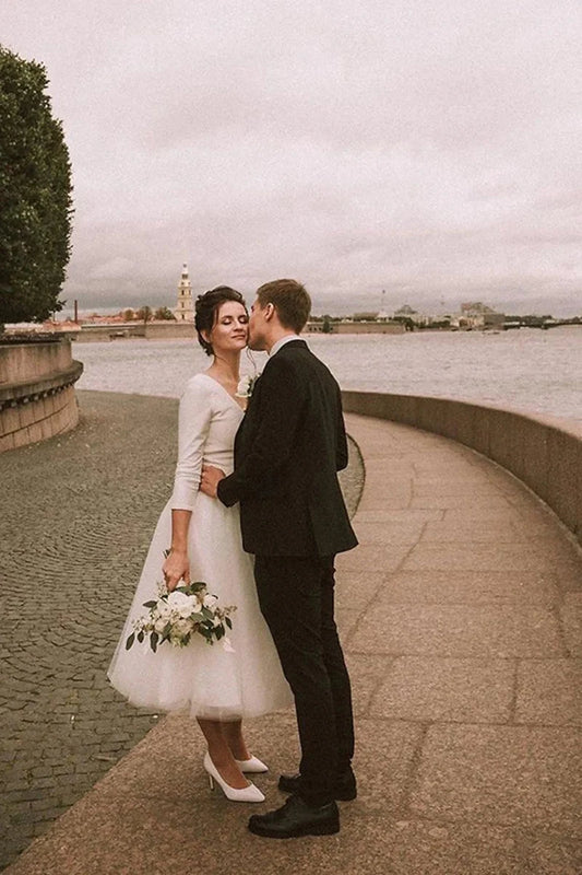 Vintage-Inspired Tulle Tea-Length A-Line Deep-V Long-Sleeve Low-Back Wedding Dress by YiHuiw