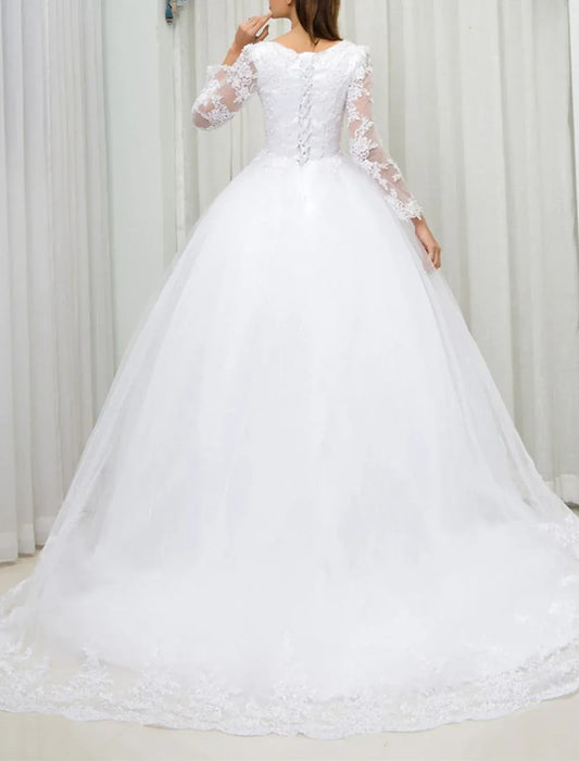 Ball Gown Tulle Long Sleeve Lace-Up Back Train Wedding Gown - Yihuiw by Yihuiw