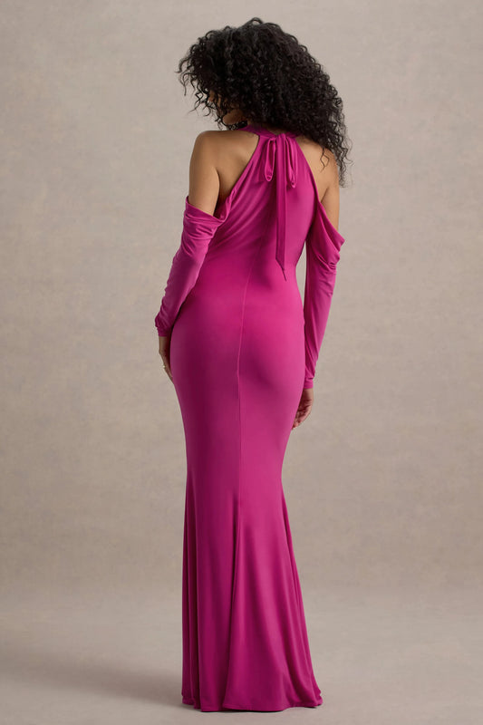 Vintage Mermaid Cowl Neck Cold Shoulder Long Sleeve Tie Back Floor Length Prom Dress by YiHuiw