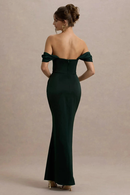 Vintage Mermaid Off Shoulder Draped Sleeve Ruched High Slit Floor Length Prom Dress by YiHuiw