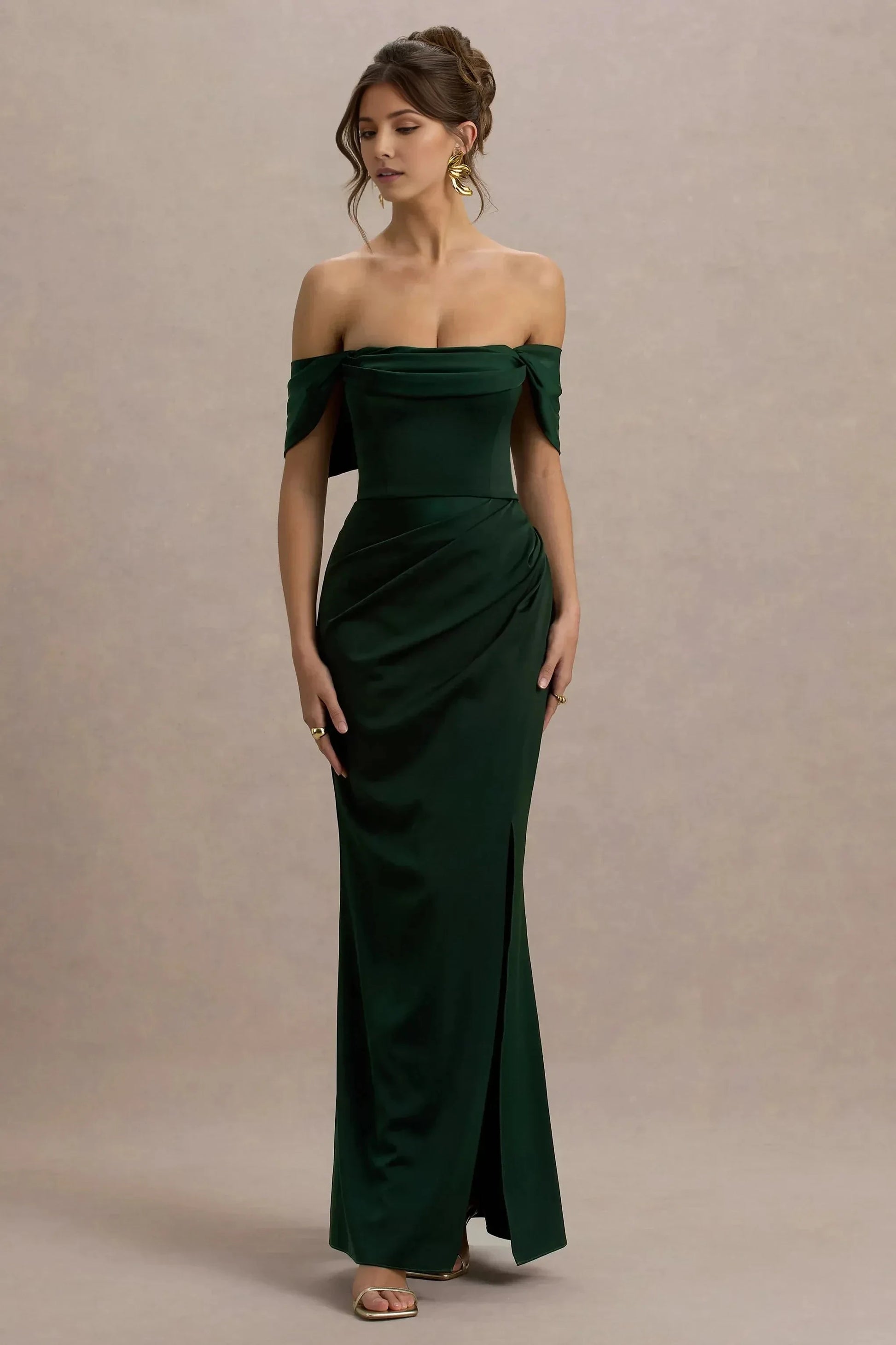 Vintage Mermaid Off Shoulder Draped Sleeve Ruched High Slit Floor Length Prom Dress by YiHuiw