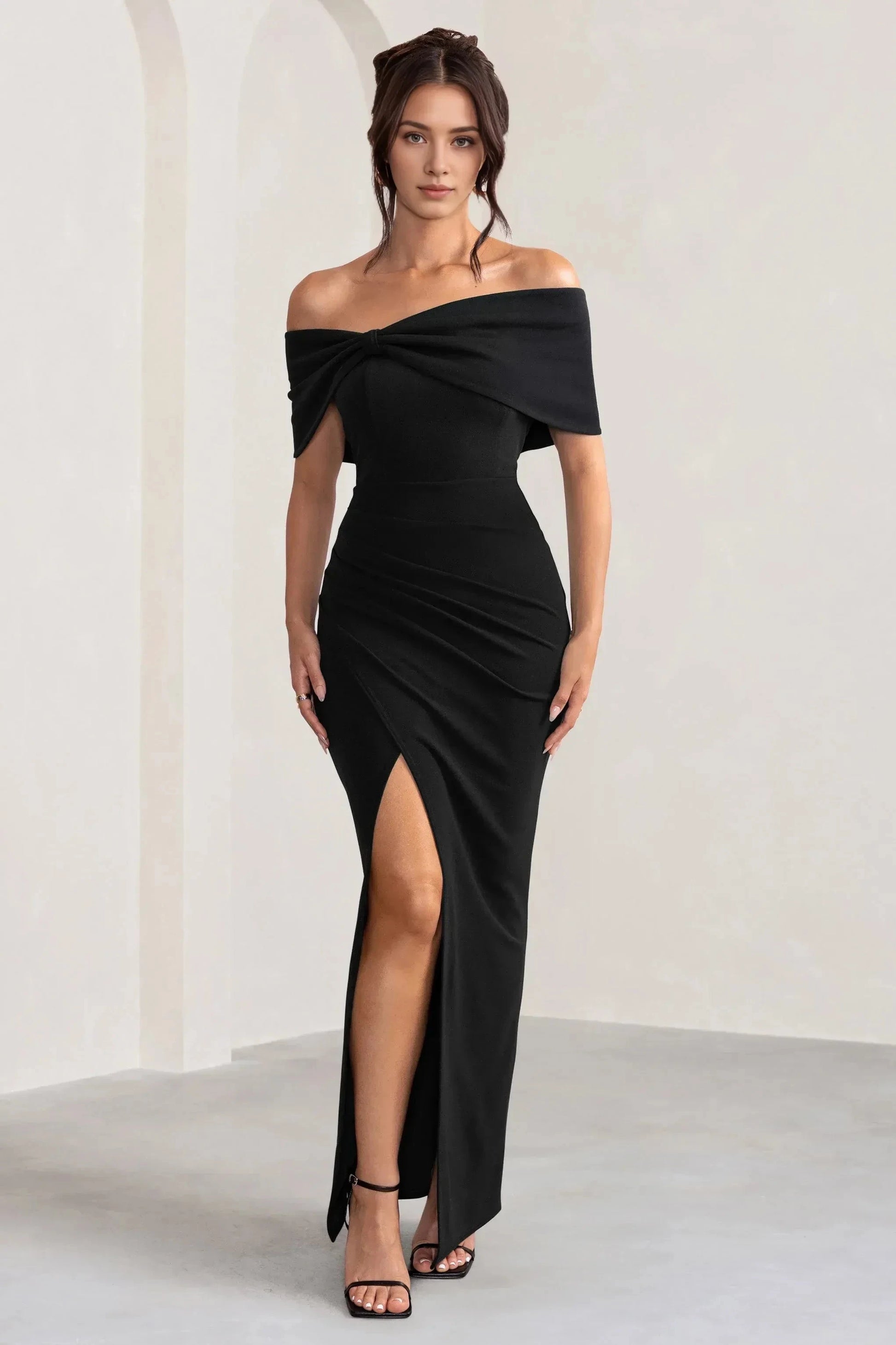 Vintage Mermaid Off Shoulder Knot Accent Sleeveless High Slit Floor Length Prom Dress by YiHuiw