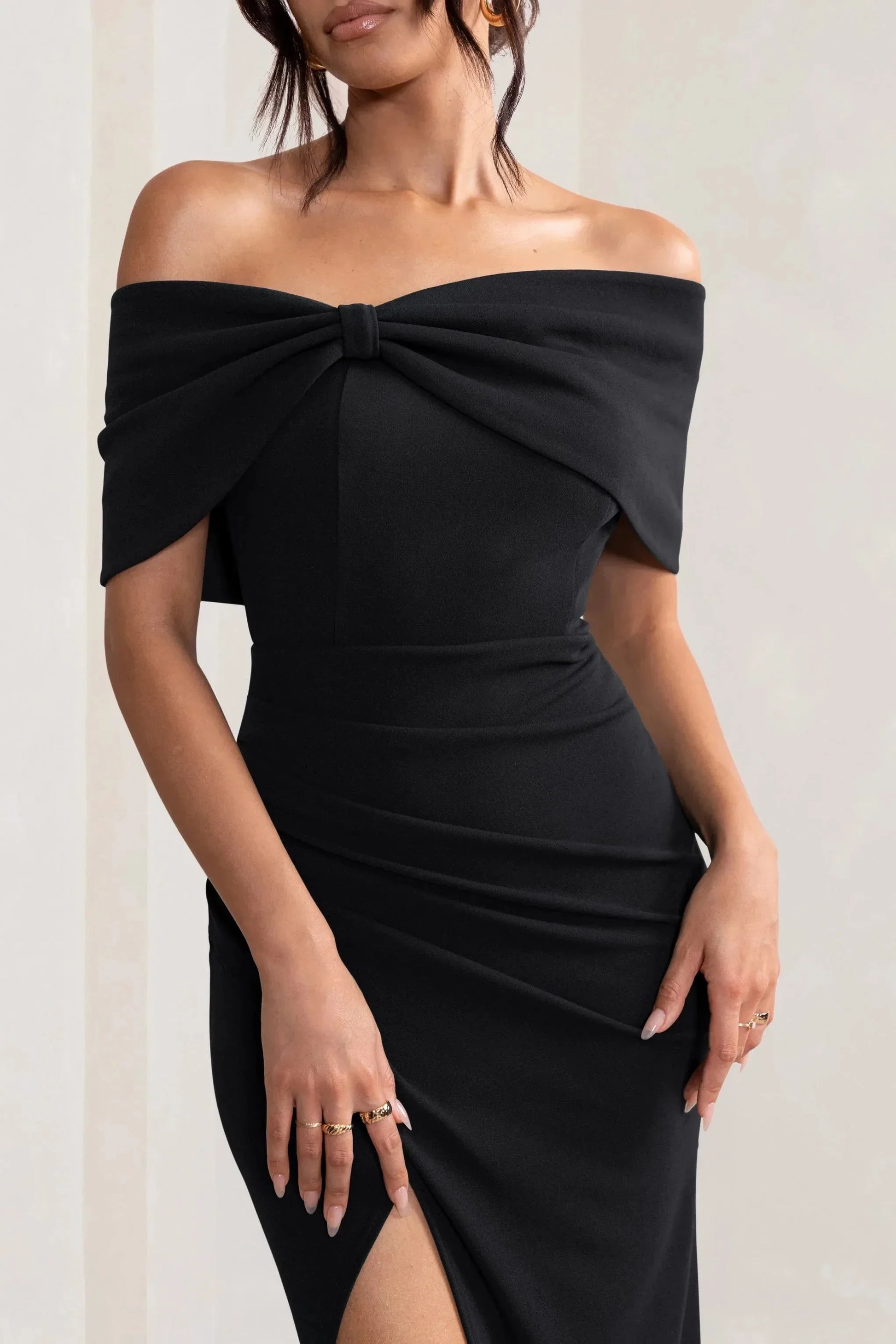 Vintage Mermaid Off Shoulder Knot Accent Sleeveless High Slit Floor Length Prom Dress by YiHuiw