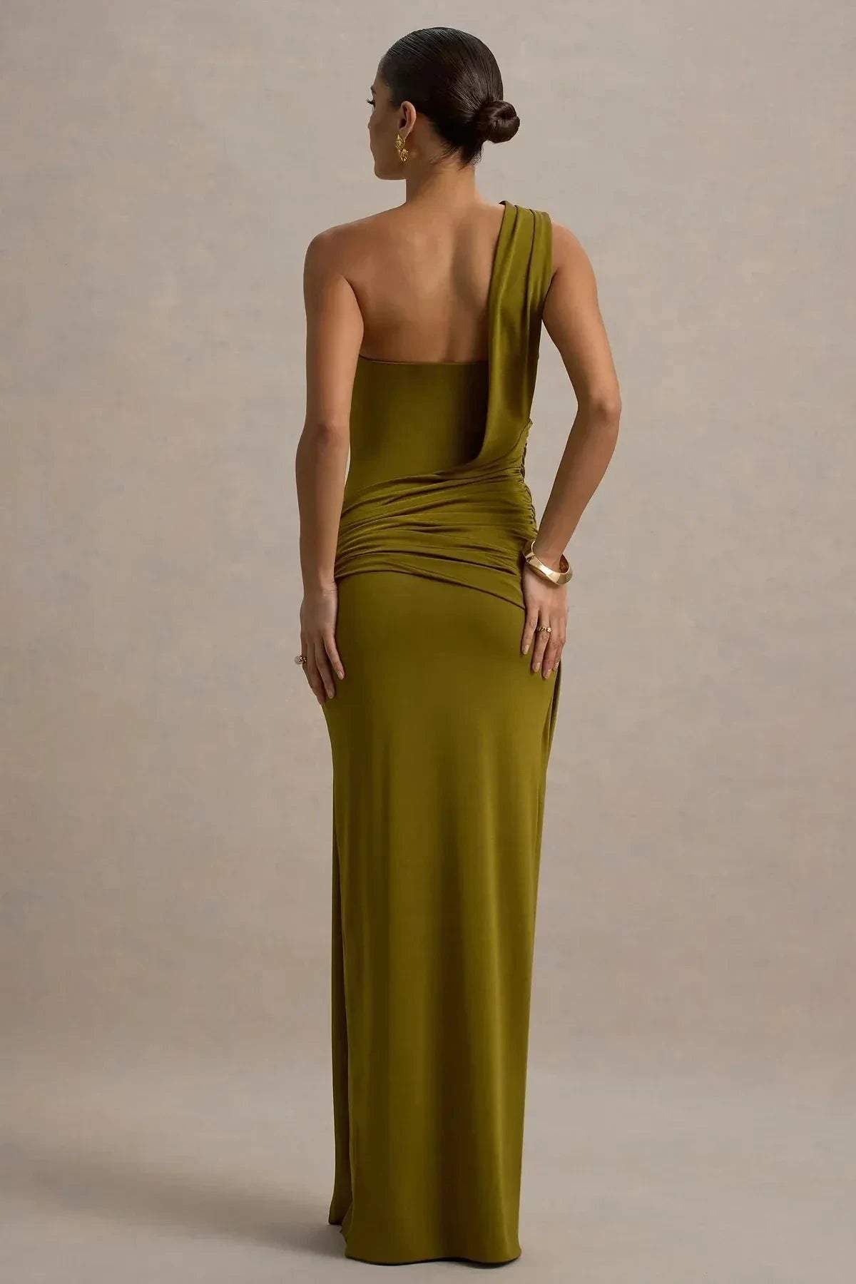 Vintage Mermaid One Shoulder Draped Sleeve Ruched Back Floor Length Prom Dress by YiHuiw
