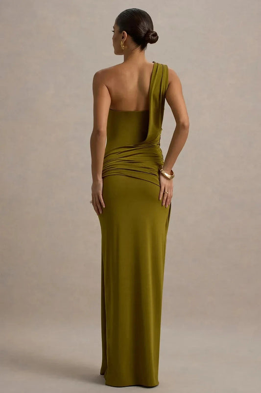 Vintage Mermaid One Shoulder Draped Sleeve Ruched Back Floor Length Prom Dress by YiHuiw