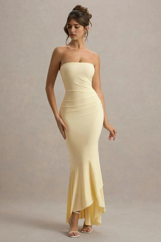 Vintage Mermaid Strapless Sleeveless Ruched Asymmetrical Hem Floor Length Prom Dress by YiHuiw