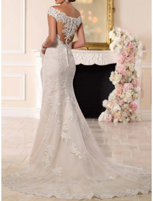 Mermaid Illusion Lace Cap Sleeve Open Back Train Wedding Dress - Yihuiw by Yihuiw