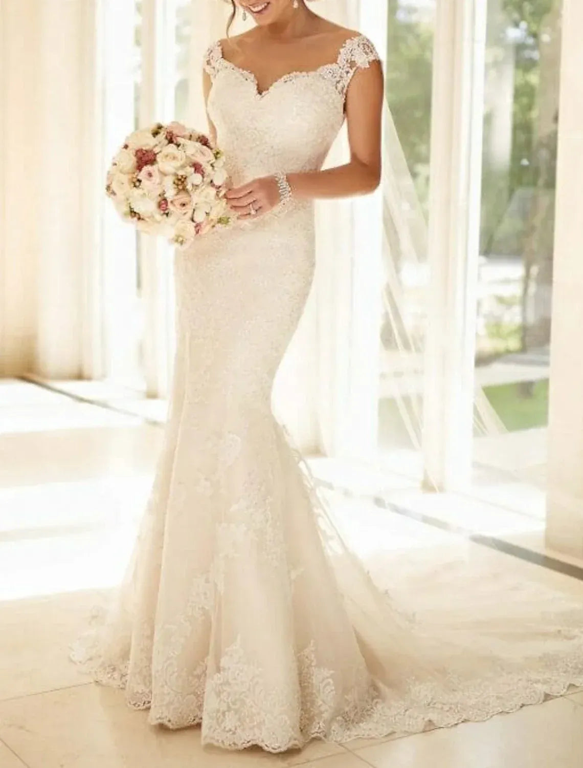 Mermaid Illusion Lace Cap Sleeve Open Back Train Wedding Dress - Yihuiw by Yihuiw