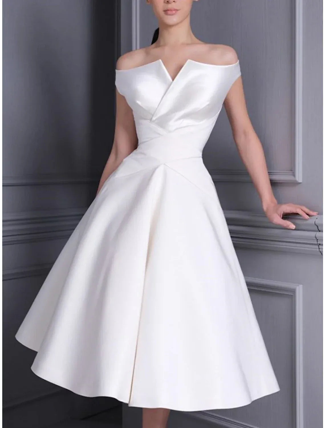 A-Line Off-Shoulder Satin Tea-Length Wedding Dress - Yihuiw by Yihuiw