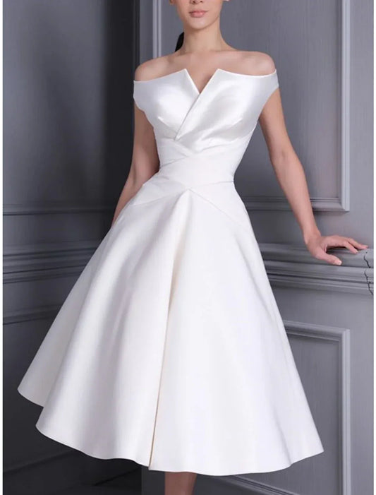 A-Line Off-Shoulder Satin Tea-Length Wedding Dress - Yihuiw by Yihuiw