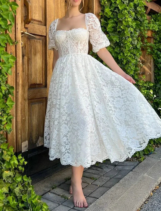 Square Neck Lace Short Sleeve Lace-Up Back Mini Wedding Dress - Yihuiw by Yihuiw