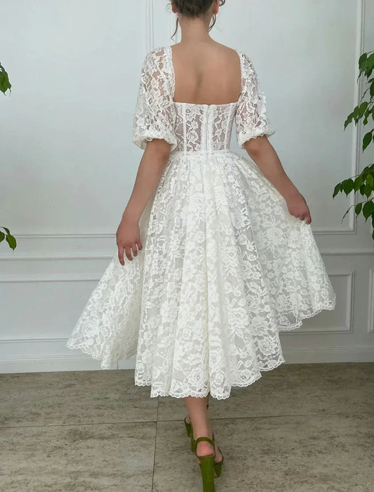 Square Neck Lace Short Sleeve Lace-Up Back Mini Wedding Dress - Yihuiw by Yihuiw