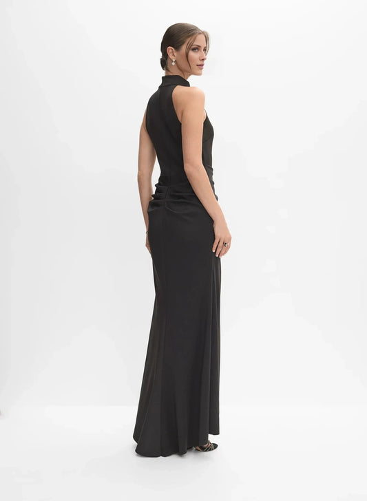 Vintage A-Line High-Neck Sleeveless Ruffled Side-Slit Floor-Length Evening Dress by YiHuiw
