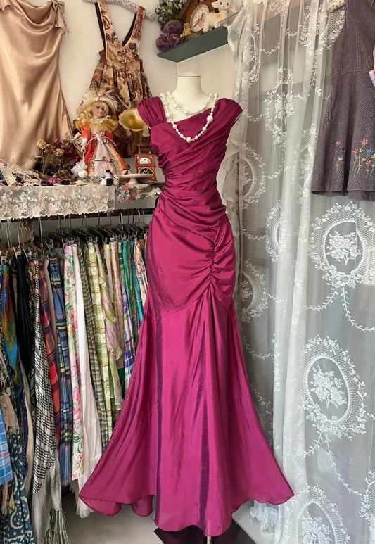 Vintage Elegant Long Satin Mermaid Slim Evening Dress Party Dress Prom Dress simple gentle atmospheric and unique desi Bring summer colors to enhance whiteness by YiHuiw