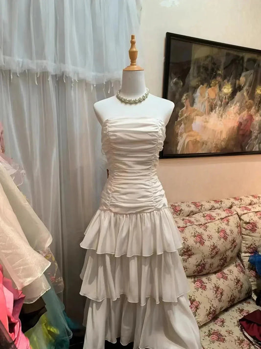 Vintage Elegant Strap Short Tiered Satin Homecoming Dress Prom Dress Evening Dress simple gentle atmospheric and unique desi Bring summer colors to enhance whiteness by YiHuiw