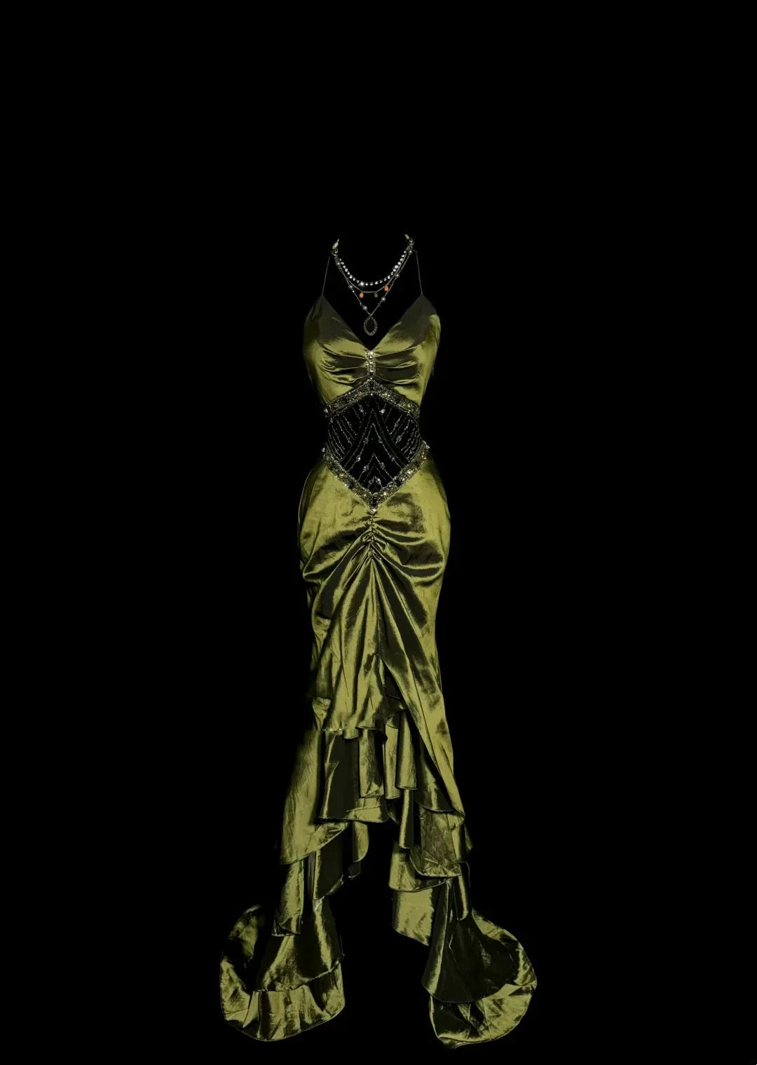 Vintage Mermaid Halter Olive Green 1950s Retro Classy Satin Long Prom Dresses Party Dress 21st Birthday Outfits Graduation Dresses by YiHuiw