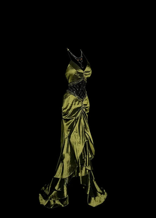 Vintage Mermaid Halter Olive Green 1950s Retro Classy Satin Long Prom Dresses Party Dress 21st Birthday Outfits Graduation Dresses by YiHuiw